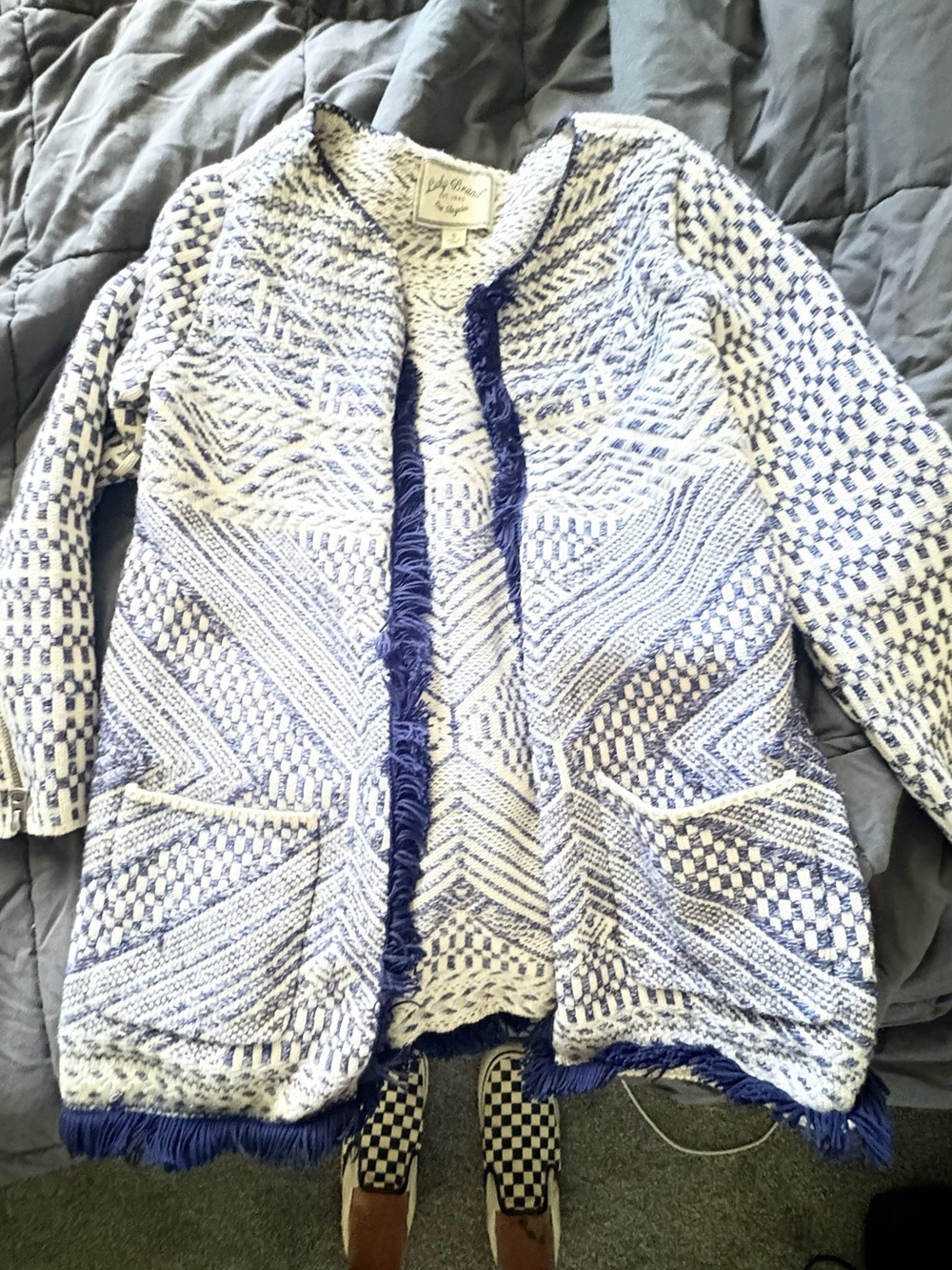 Lucky Brand Blue and White Fringe Open-Front Cardigan